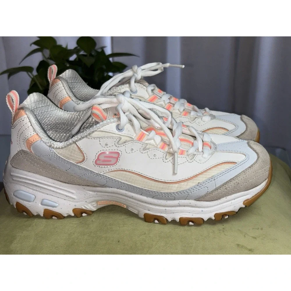 SKECHERS D'Lites Women's Memory Foam Sneaker White Peach Gray SN 149589